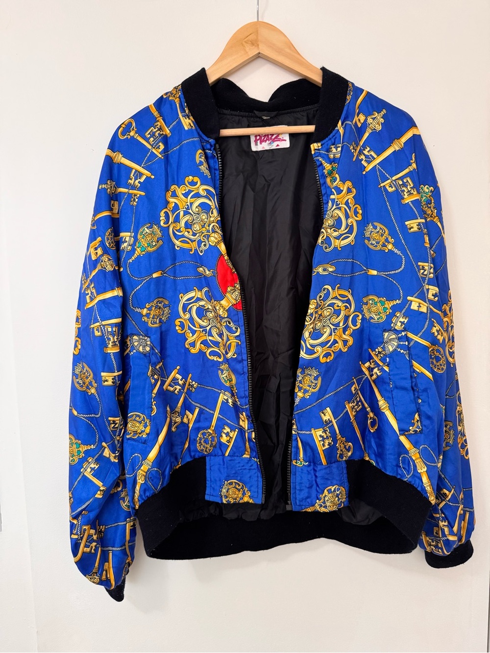 Vintage 80s/90s Piaz Royal Blue Baroque Key Print Bomber Jacket